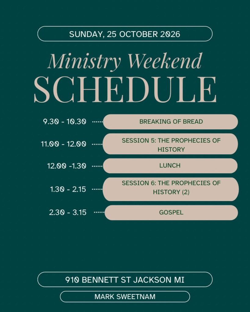 Ministry Weekend schedule for Sunday, October 25, 2026, with Mark Sweetnam at 910 Bennett St, Jackson MI